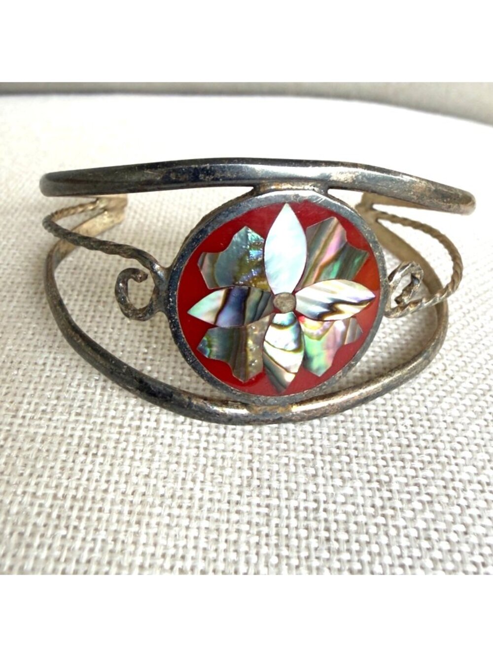 Alpaca Mexican Silver Abalone Mother of Pearl Bracelet Flower Bangle Cuff Red